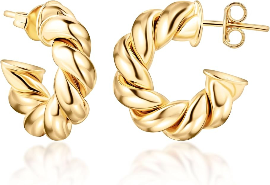 Barzel 18k Gold Plated Chunky Twisted Hoop Earrings, 5mm Thick, Open Hoop Earrings for Women | Amazon (US)