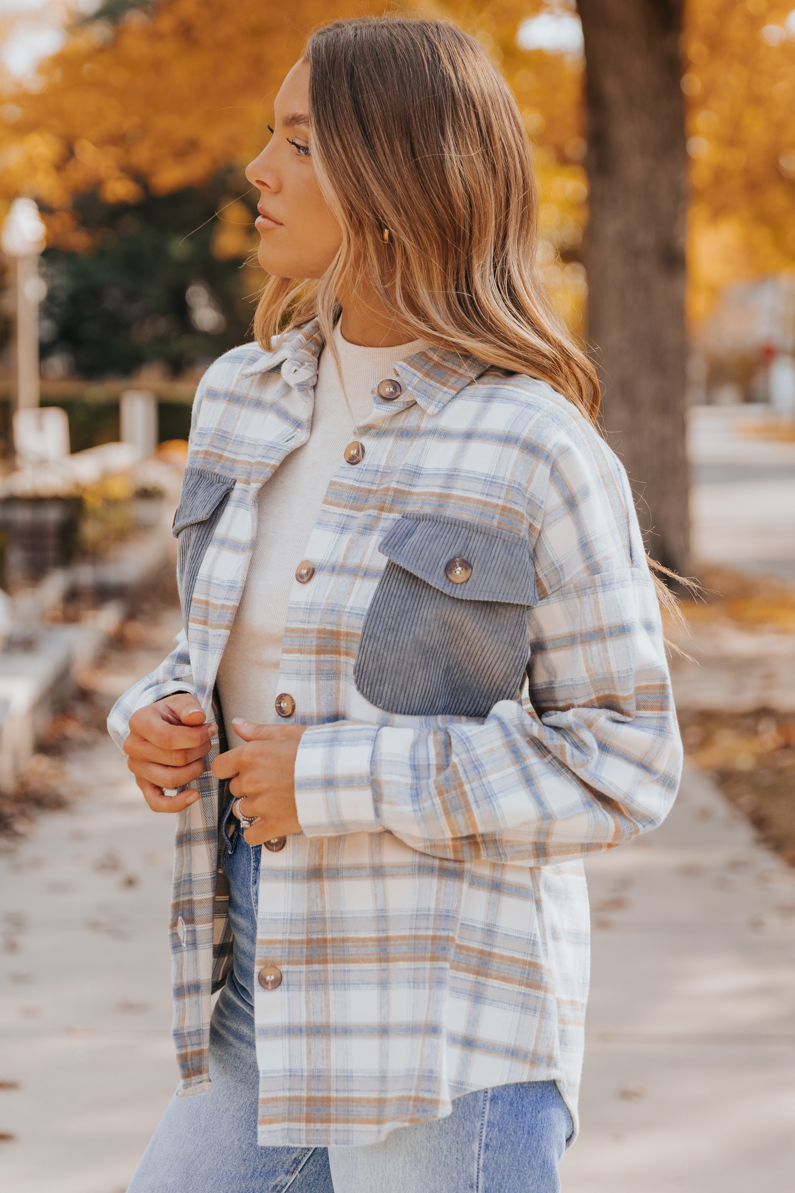 Carter Blue Plaid Corduroy Contrast Shacket | Magnolia Boutique