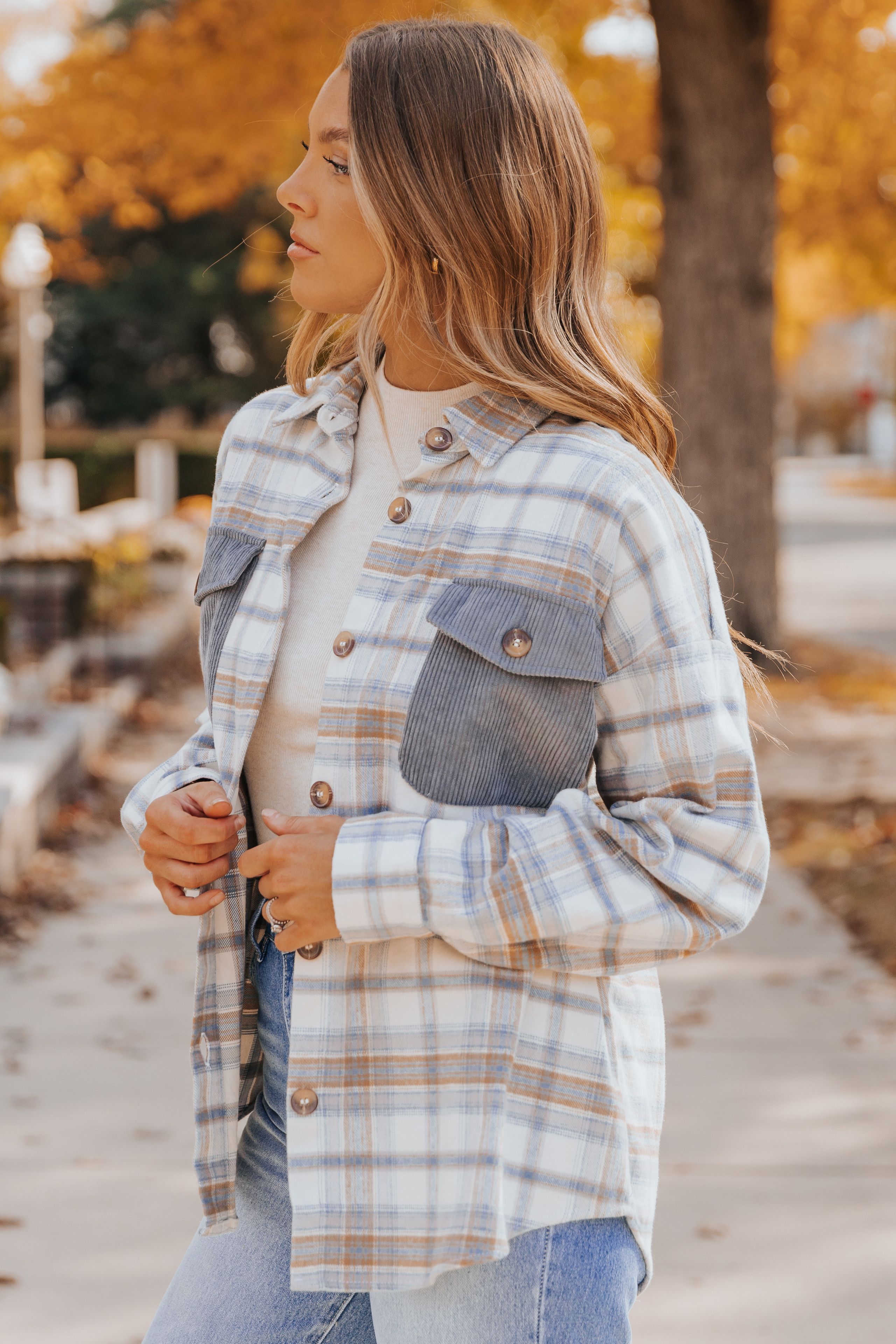 Carter Blue Plaid Corduroy Contrast Shacket | Magnolia Boutique