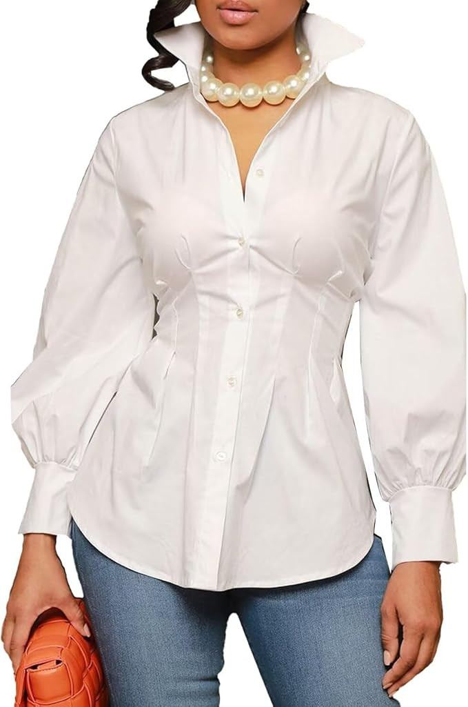 LROSEY Sexy Women’s Button Down Tunic Shirts Plus Size Long Puff Sleeve Peplum Tops Collared Bl... | Amazon (US)