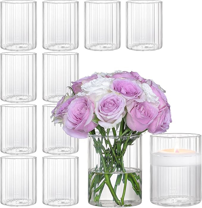12Pcs Glass Cylinder Vases for Centerpieces, 4 Inch Clear Ribbed Flower Vases for Wedding Decorat... | Amazon (US)