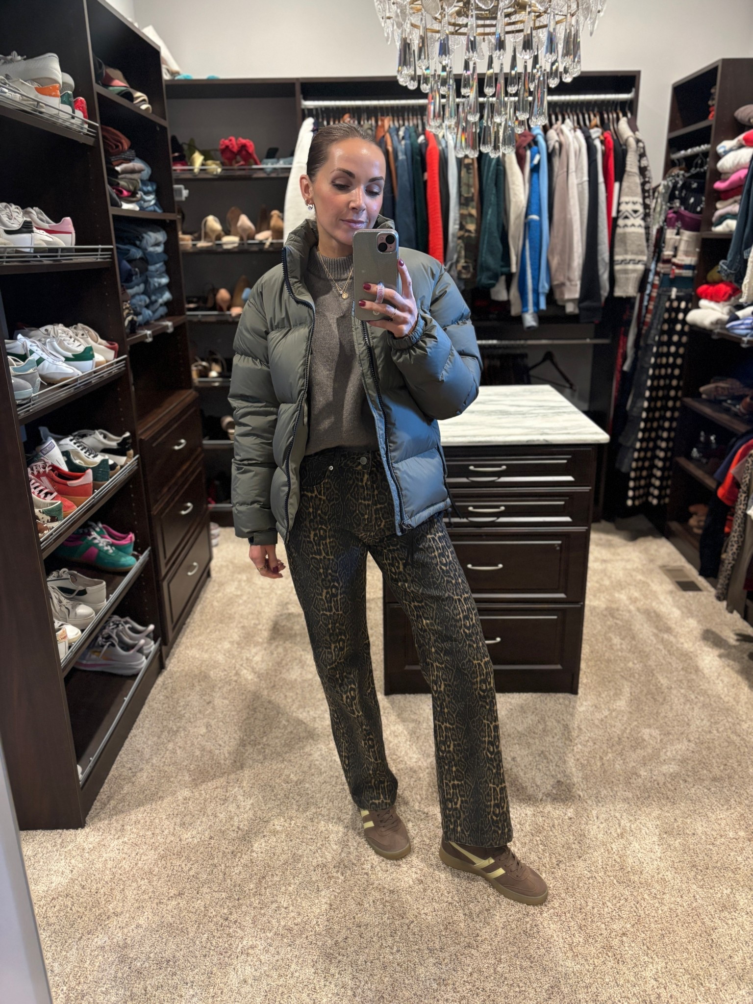 Outfit of the day with these fun jeans - I’m in a size 2. Wearing a small in the sweater and coat.