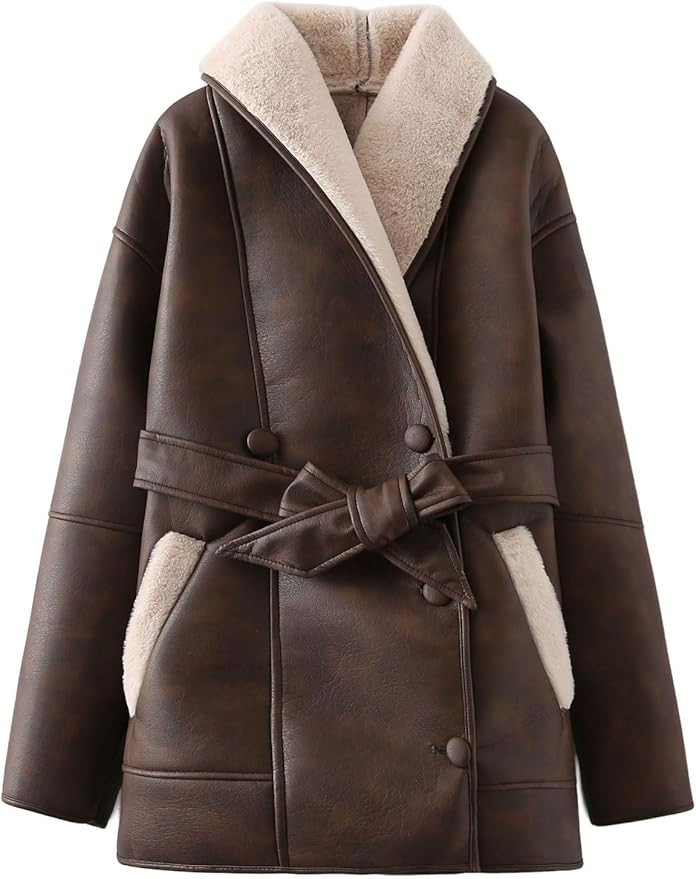utcoco Women's Faux Leather Shearling Coat Belted Oversized Warm Street Style Winter Jacket with ... | Amazon (US)