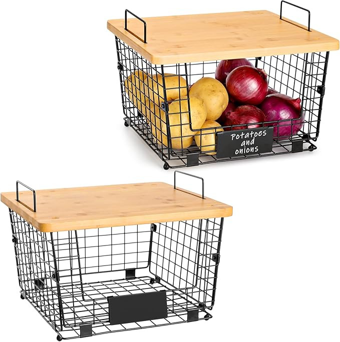 2 Set Kitchen Counter Basket with Bamboo Top - Pantry Cabinet Organization and Storage Wire Baske... | Amazon (US)