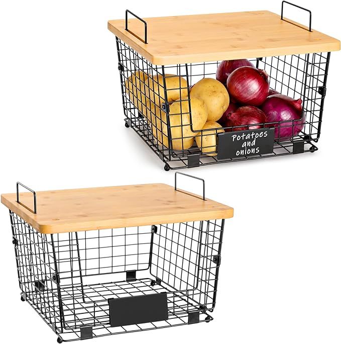 2 Set Kitchen Counter Basket with Bamboo Top - Countertop Organizer for Produce, Fruit, Vegetable... | Amazon (US)