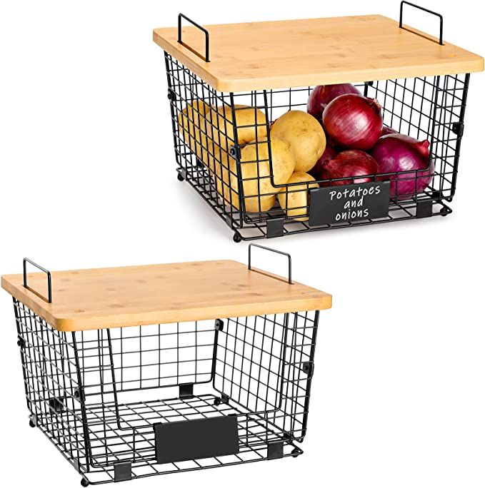2 Set Kitchen Counter Basket with Bamboo Top - Countertop Organizer for Produce, Fruit, Vegetable... | Amazon (US)