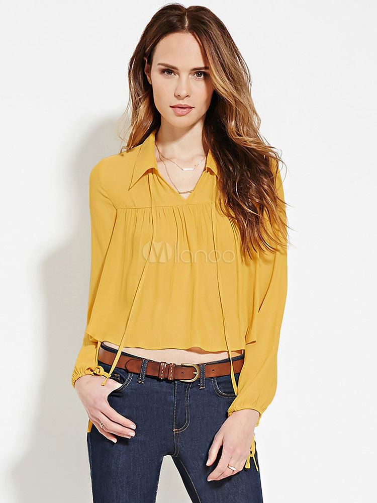 Chiffon Yellow Blouse Turndown Collar Long Sleeve Strappy Pleated Ruffles Crop Top | Milanoo