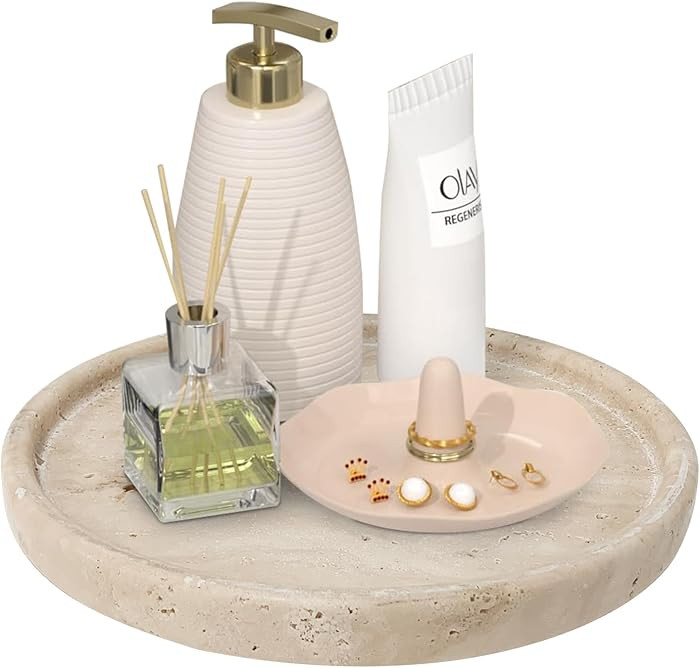Travertine Tray, Small Ceramic Vanity Tray for Bathroom Counter Decor, Round Marble Decorative Tr... | Amazon (US)