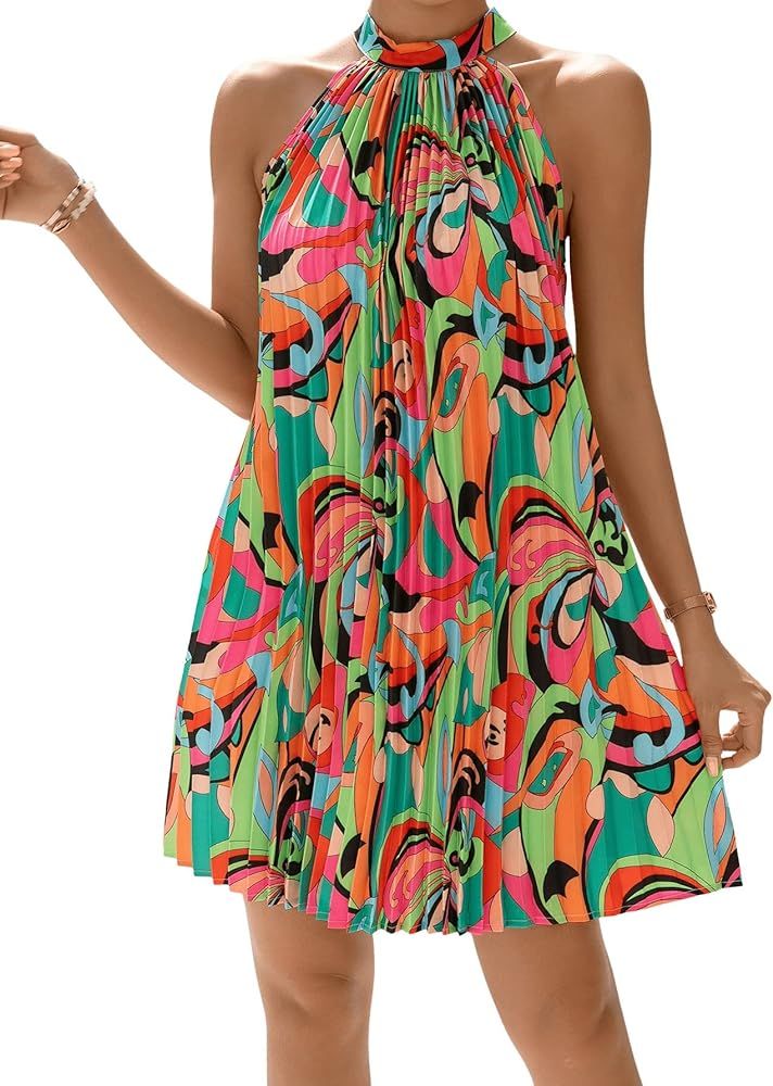 SweatyRocks Women's Casual Sleeveless Tie Back Halter Dress Mini Swing Pleated A-line Loose Dress | Amazon (US)