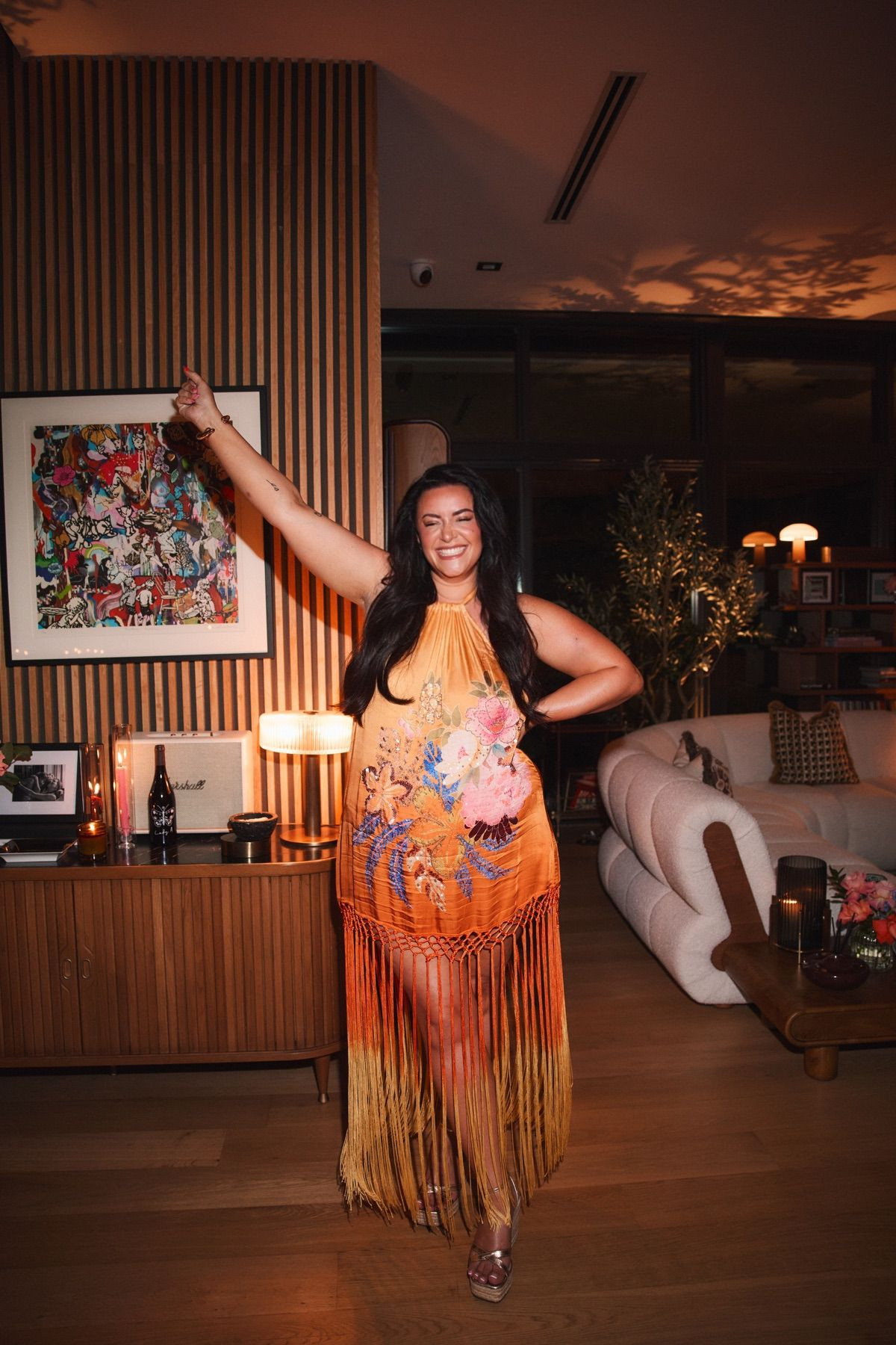 orange fringe dress, floral halter dress, statement party dress, tropical evening outfit, vacation dinner look, resort evening wear, fringe hem dress, embroidered floral dress, bold event outfit, summer party style, wedding guest inspiration, platform heels, colorful vacation fashion, glam night out look, standout occasion dress 

 #LTKsummer #LTKeurope #LTKtravel