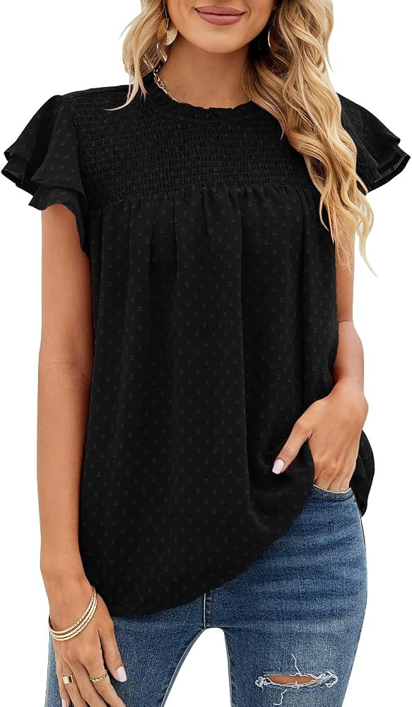 Womens Summer Crewneck Short Ruffle Sleeve Tops Blouses Sexy Swiss Dot Lace Casual Tunic Shirts | Amazon (US)