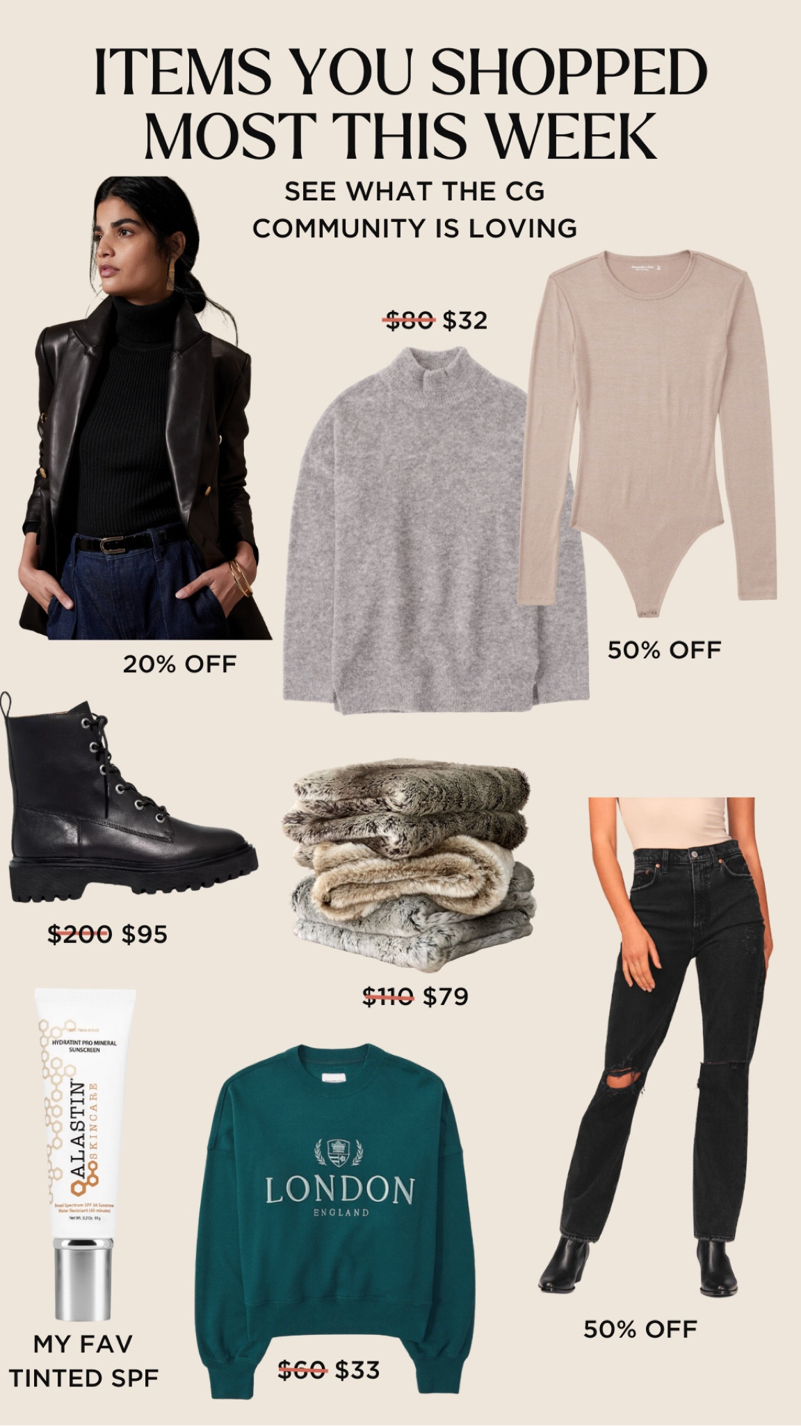 Your most shopped items : combat boots, tinted spf, bodysuit, jeans on sale (TTS), graphic sweatshirt, neutral turtleneck 

#LTKunder50 #LTKsalealert #LTKunder100