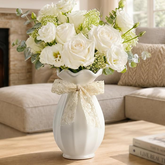 White Ceramic Vase with Ribbon, Flower Vase for Home Decor, Decorative Vases for Bouquet, Modern ... | Amazon (US)