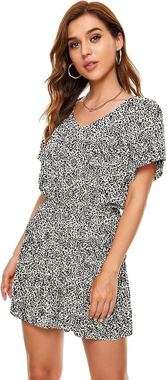 LAC RETTBA Women's Polka Dot Leopard Jumpsuits V-Neck Floral Printed Flutter Sleeve Pocket Romper | Amazon (US)