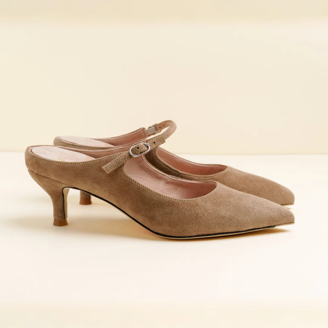Tenacious Tan Suede Mary Jane Kitten Mule | ALLY Shoes