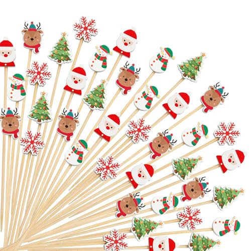 100 pcs Christmas Cocktail Picks, Vintage Themed Xmas Decoration Toothpicks Fancy Bamboo Appetizer Fruit Skewers for Christmas Party Food Fruit Drinks Decoration(Colors A） | Amazon (US)