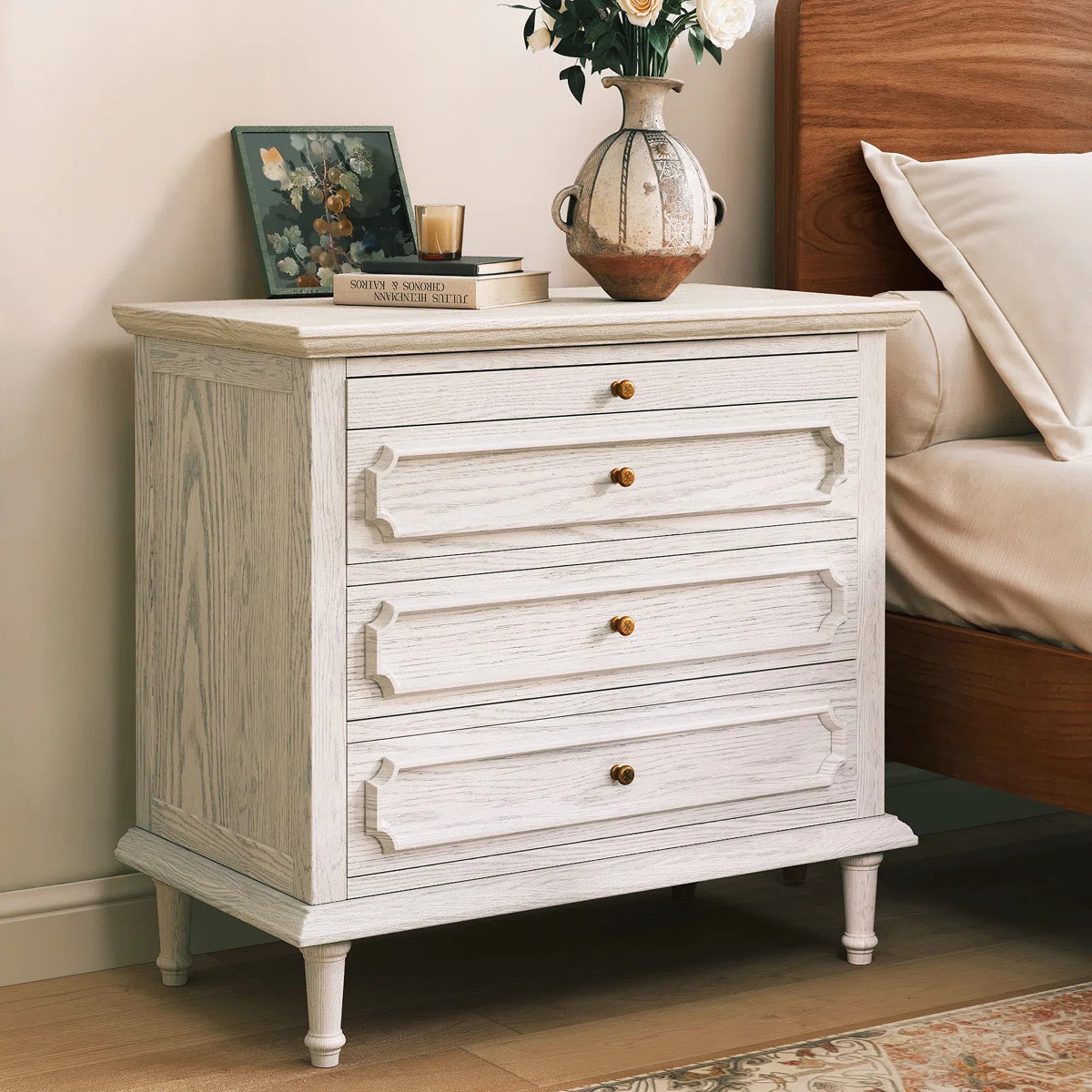 Traditional 28.3''W 3-Drawer Solid Wood Nightstand with Built-in Outlets and Pull-out Shelf, Mid-... | Wayfair North America