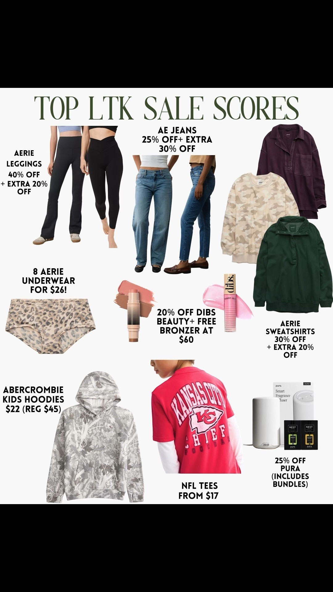 🔥 The best LTK Sale deals! Aerie leggings from $22 (reg $45+), AE jeans around 50% off, Aerie Sweatshirts under $35 (reg $60+), 8 for $26 Aerie Underwear, awesome Abercrombie Kids deals! Plus 25% off Pura (even sets - awesome for gifts) + 20% off Dibs (with a free full-size highlighter at $60+)! The Aerie/AE/Abercrombie codes stack on markdowns (but not clearance). Each code has a click to copy button when you hit the items! LMK if you need help!

#LTKFindsUnder50 #LTKFallSale #LTKSaleAlert