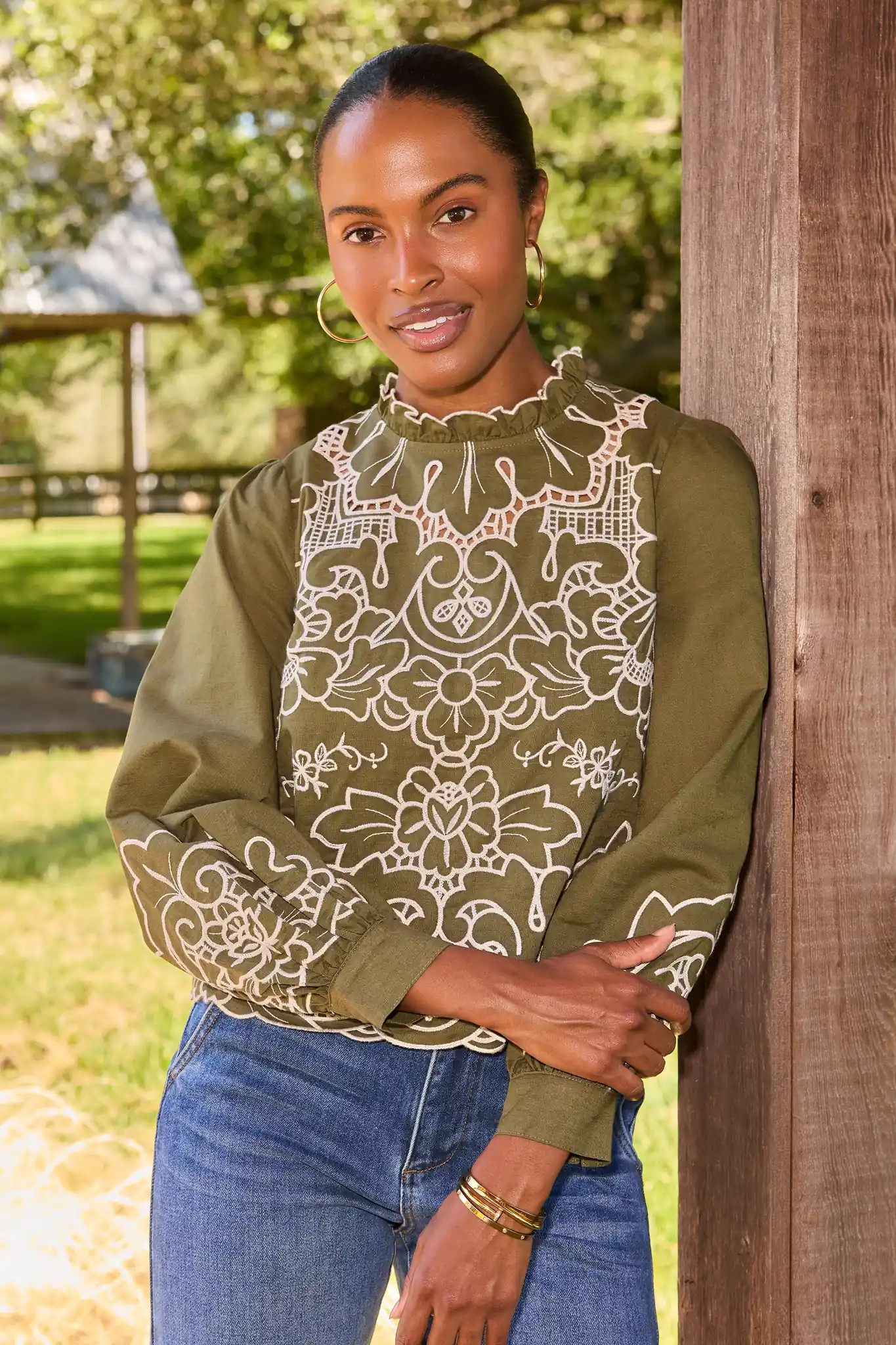Anya Green Eyelet Long Sleeve Top | Avara