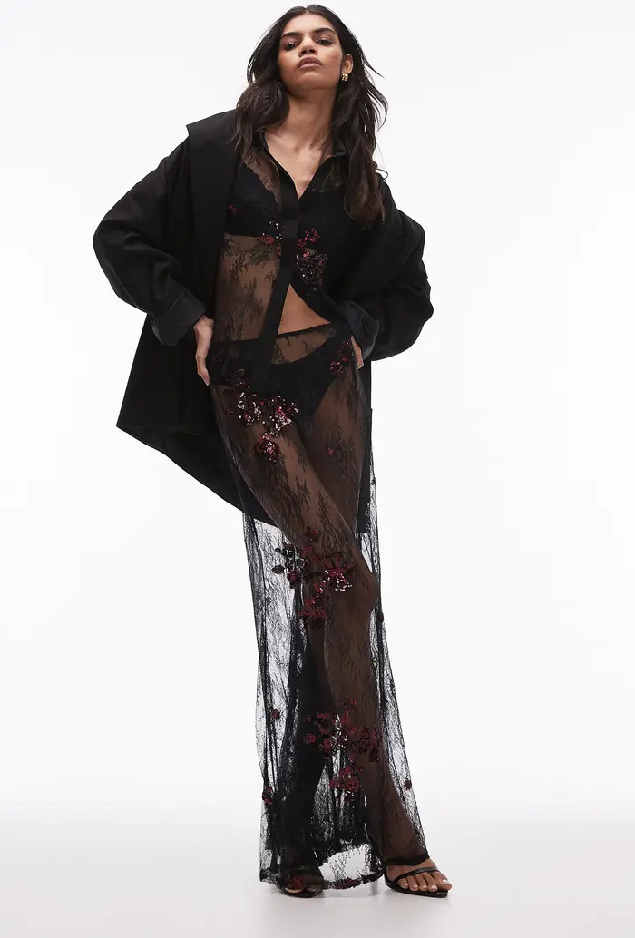 Topshop Sequin Embellished Sheer Lace Maxi Skirt | Nordstromrack | Nordstrom Rack