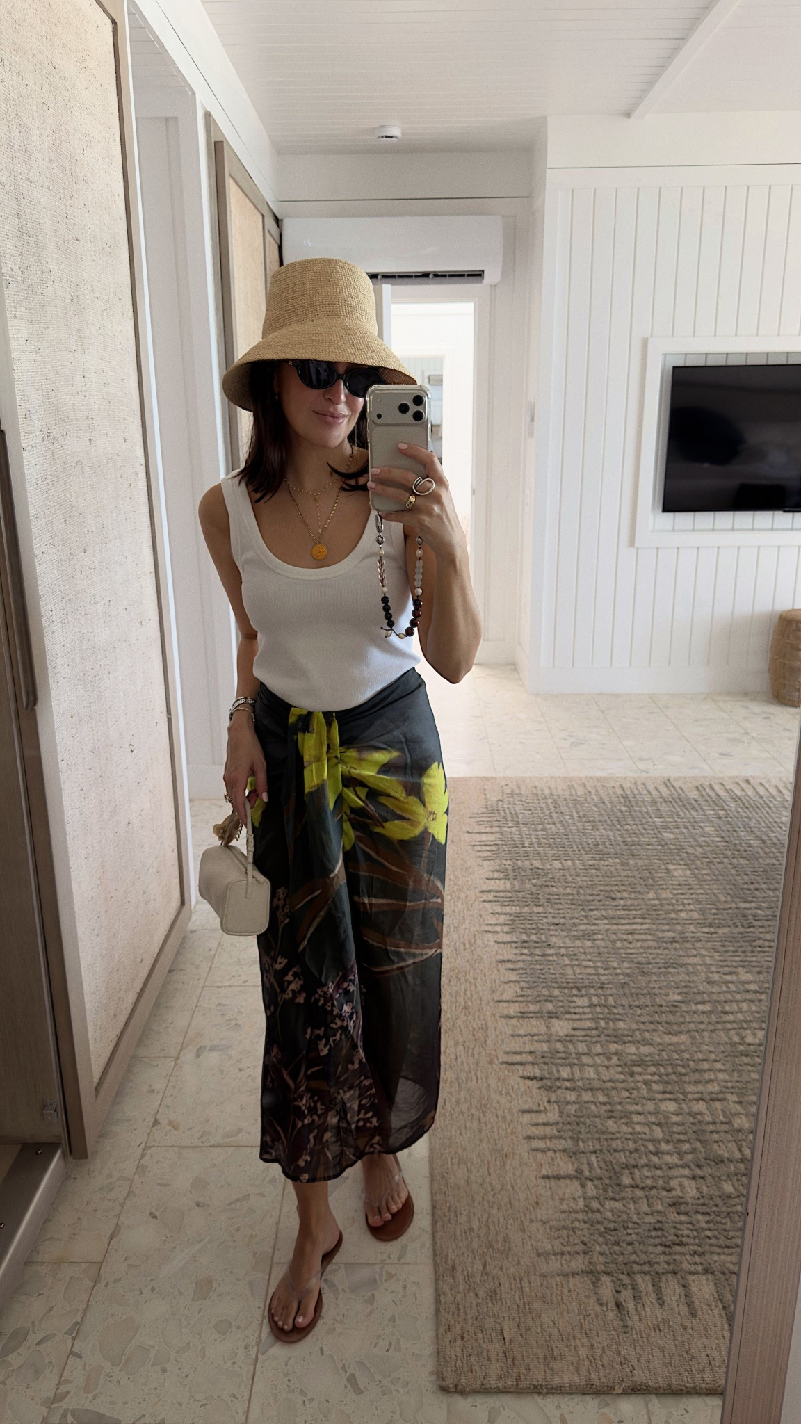 Vacation ootd, summer outfit, swim coverup, white tank, raffia hat 