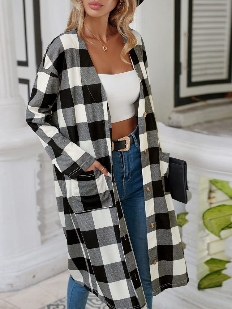 Gingham Print Drop Shoulder Coat | SHEIN
