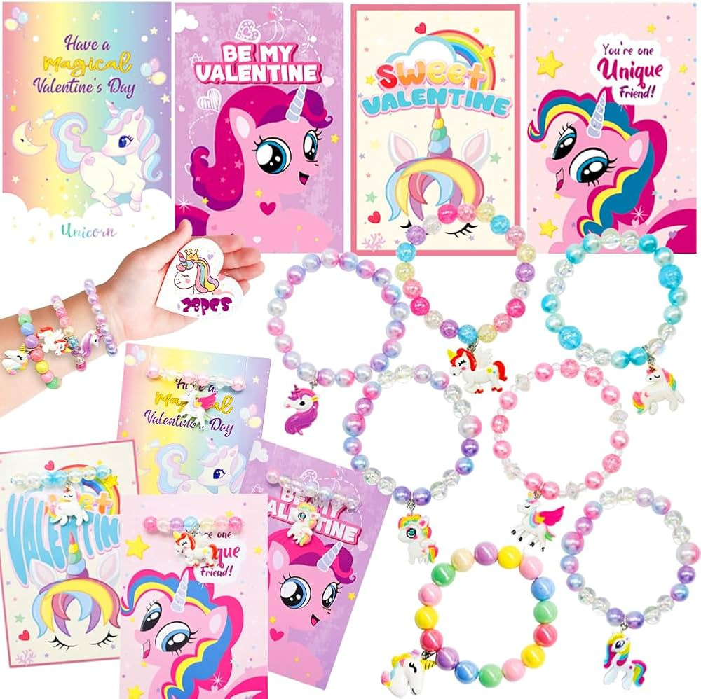 28PCS Valentines Day Gift Cards with Rainbow Unicorn Beaded Bracelets, Colorful Unicorn Beads Bra... | Amazon (US)