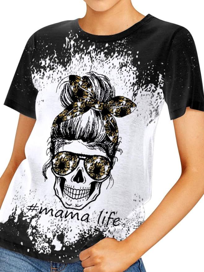 MYMORE Womens Feeling Idgaf-ish Today T Shirt Mama Skull Graphic Tees Tops | Amazon (US)