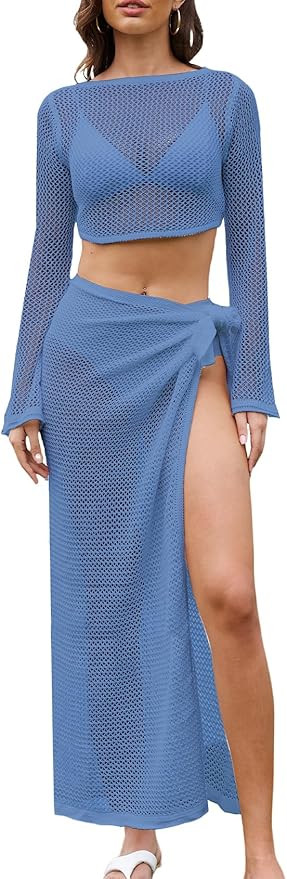 Gihuo Womens Swimsuits Cover Ups Crochet 2 Piece Bikini Coverup Beach Swimwear Hollow Out Bathing... | Amazon (US)