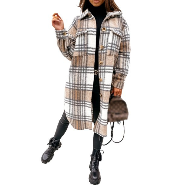 Aunavey Women's Plaid Shacket Lapel Button Down Long Sleeve Long Shirt Coat Jacket | Walmart (US)