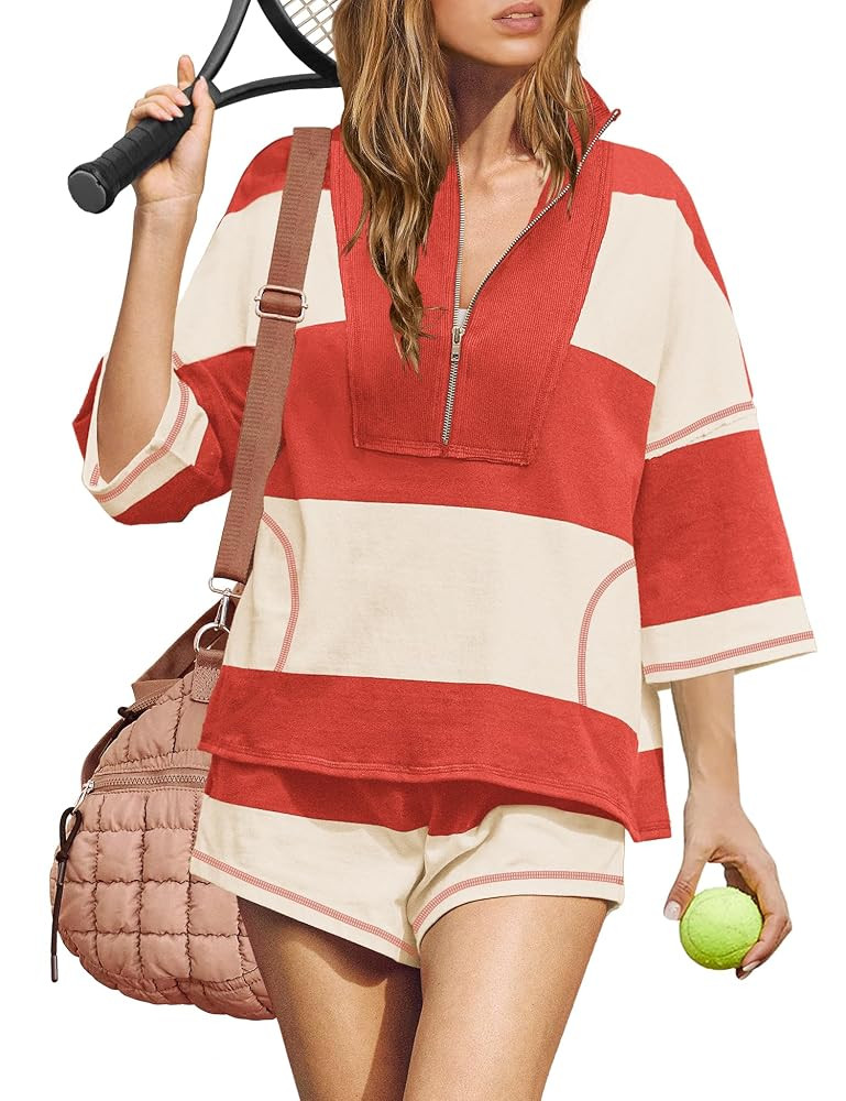ReachMe Womens Workout Striped Short Sets 2 Piece Outfits Summer Matching Lounge Sets Top and Sho... | Amazon (US)