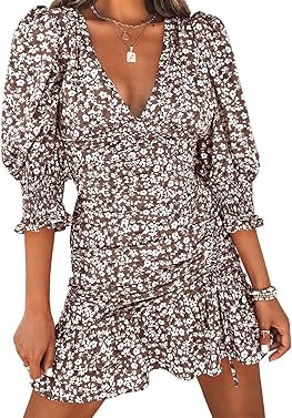 Teurkia Women's Floral Printed Tunic Dress Lantern Sleeve V Neck Ruched Beach Dress | Amazon (US)
