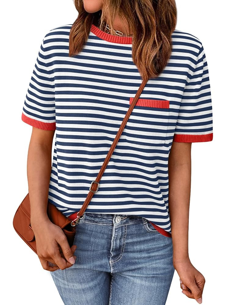 LILLUSORY Womens Striped Short Sleeve Sweater Pullover Shirts with Chest Pocket | Amazon (US)