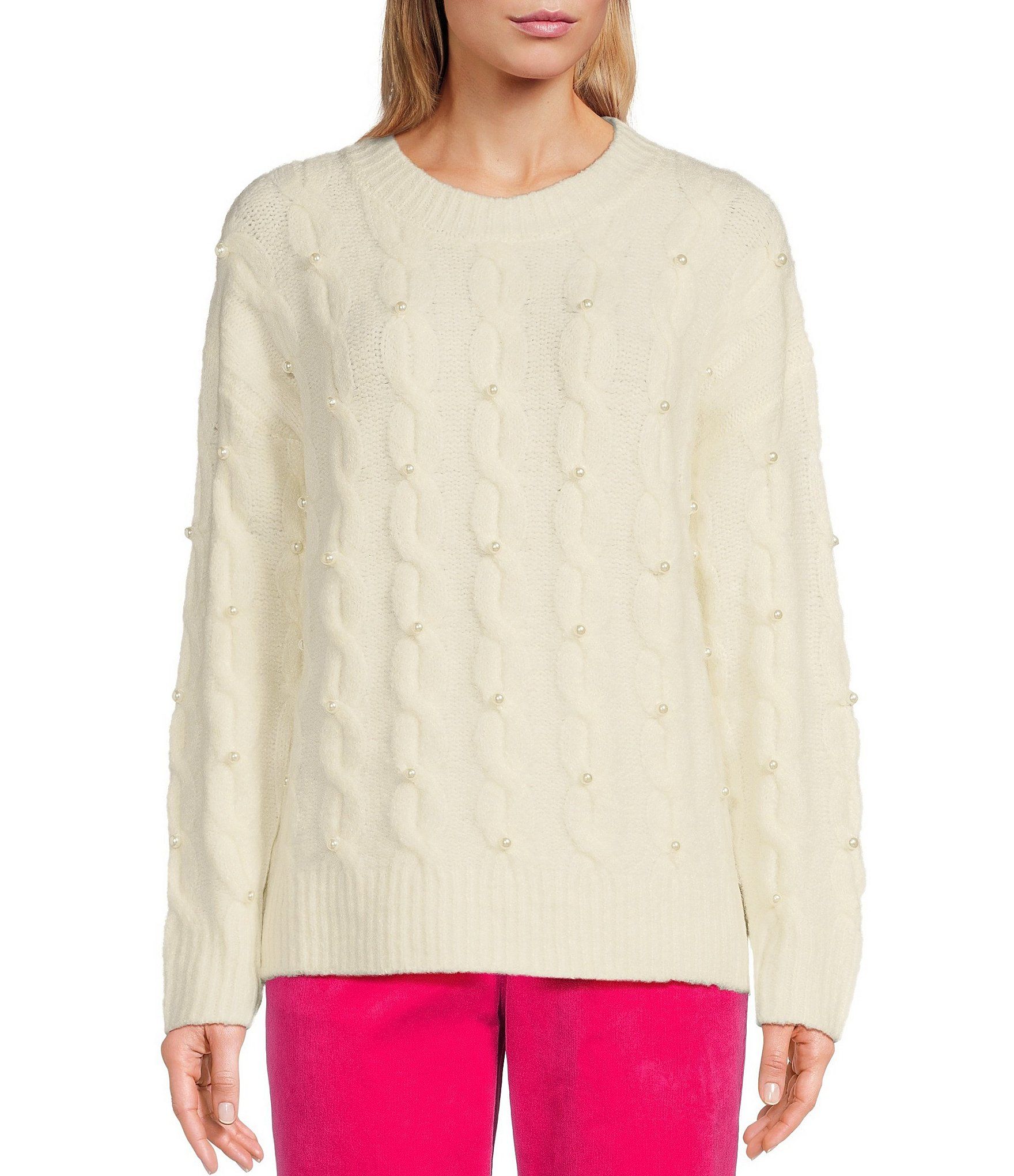 Cable Knit Wool Blend Pearl Crew Neck Long Sleeve Sweater | Dillard's