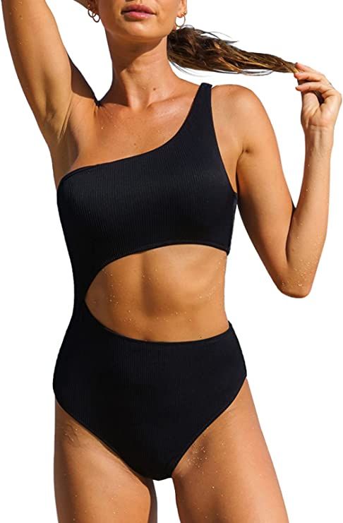 Roselychic One Piece Bathing Suit for Women One Shoulder High Waist Swimsuit Cutout Ribbed Swimwe... | Amazon (US)