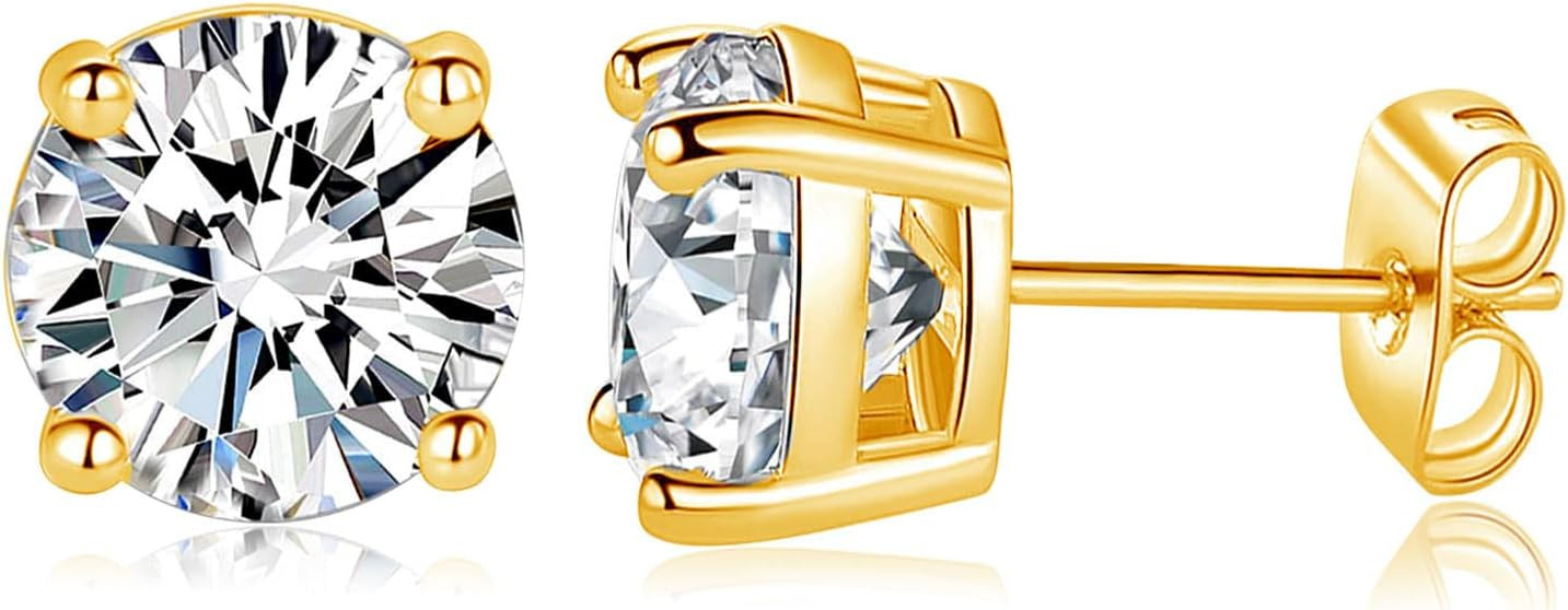 18K White/Yellow Gold Plated Stud Earrings for Men Women 4 Prong Graduated Round Clear Cubic Zirc... | Amazon (US)