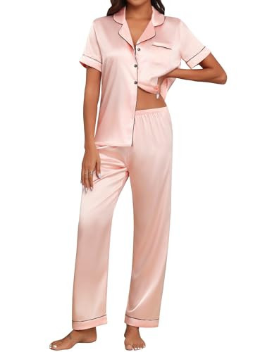 Ekouaer Ladies Satin Silk Pajamas Sets Satin Button Down Pjs Silk Outfits for Women 2 Piece Pink Pajamas Pants Set,L | Amazon (US)