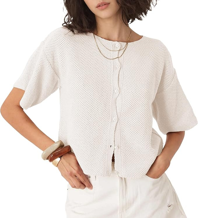 Ainangua Womens Casual Cardigan Summer Short Sleeve Crew Neck Button Down Knit Sweater Tops Light... | Amazon (US)