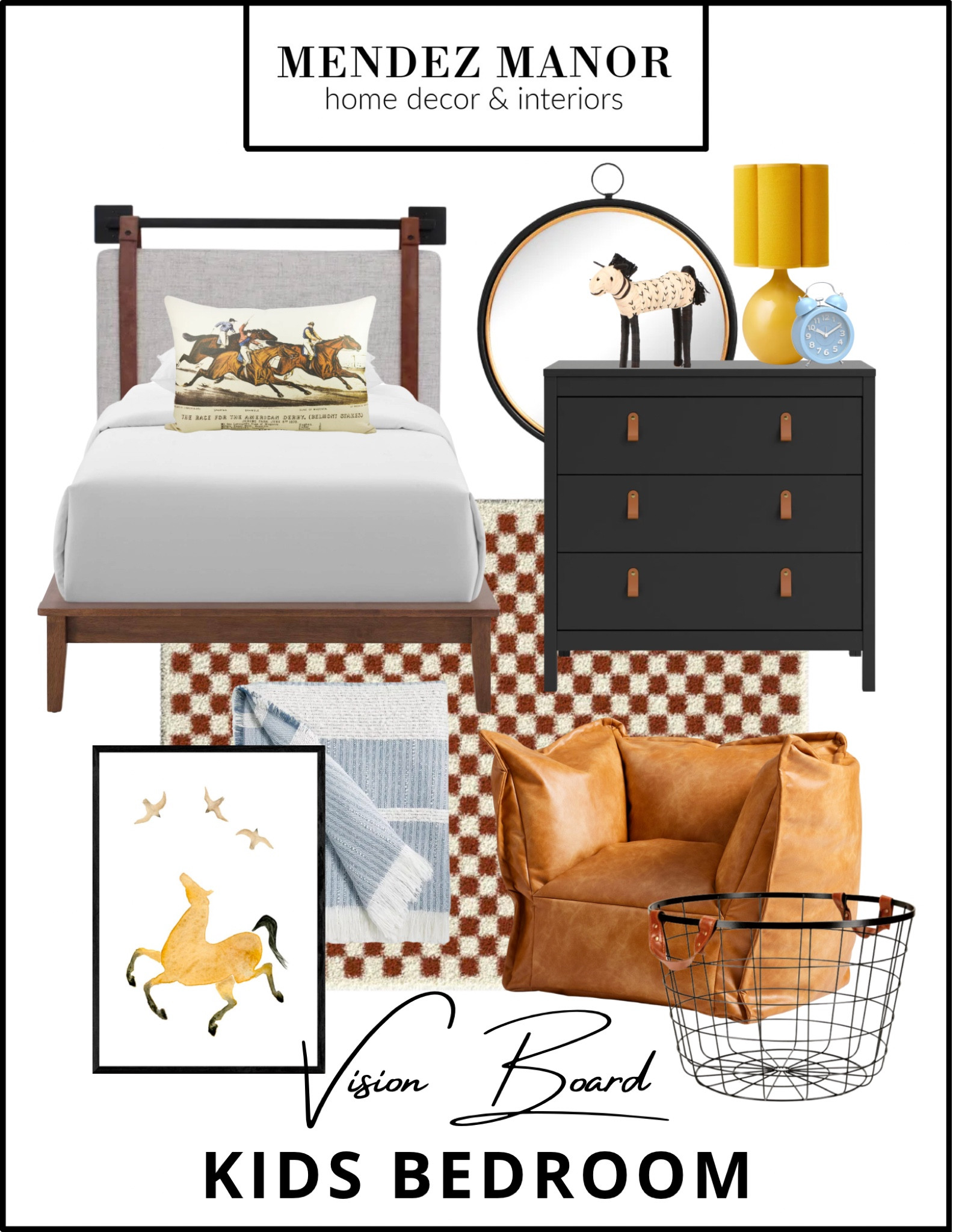 Fun shapes and vibrant tones brighten up the more sophisticated elements in this colorful horse-themed kids room! I love all equestrian accents, but am so partial to the little raffia figurine on the dresser. The handmade look makes for such a charming little accent!

#kidsroom #designforkids #edesign #virtualdesign #colorfulhome #kidfriendly

#LTKstyletip #LTKfamily #LTKhome