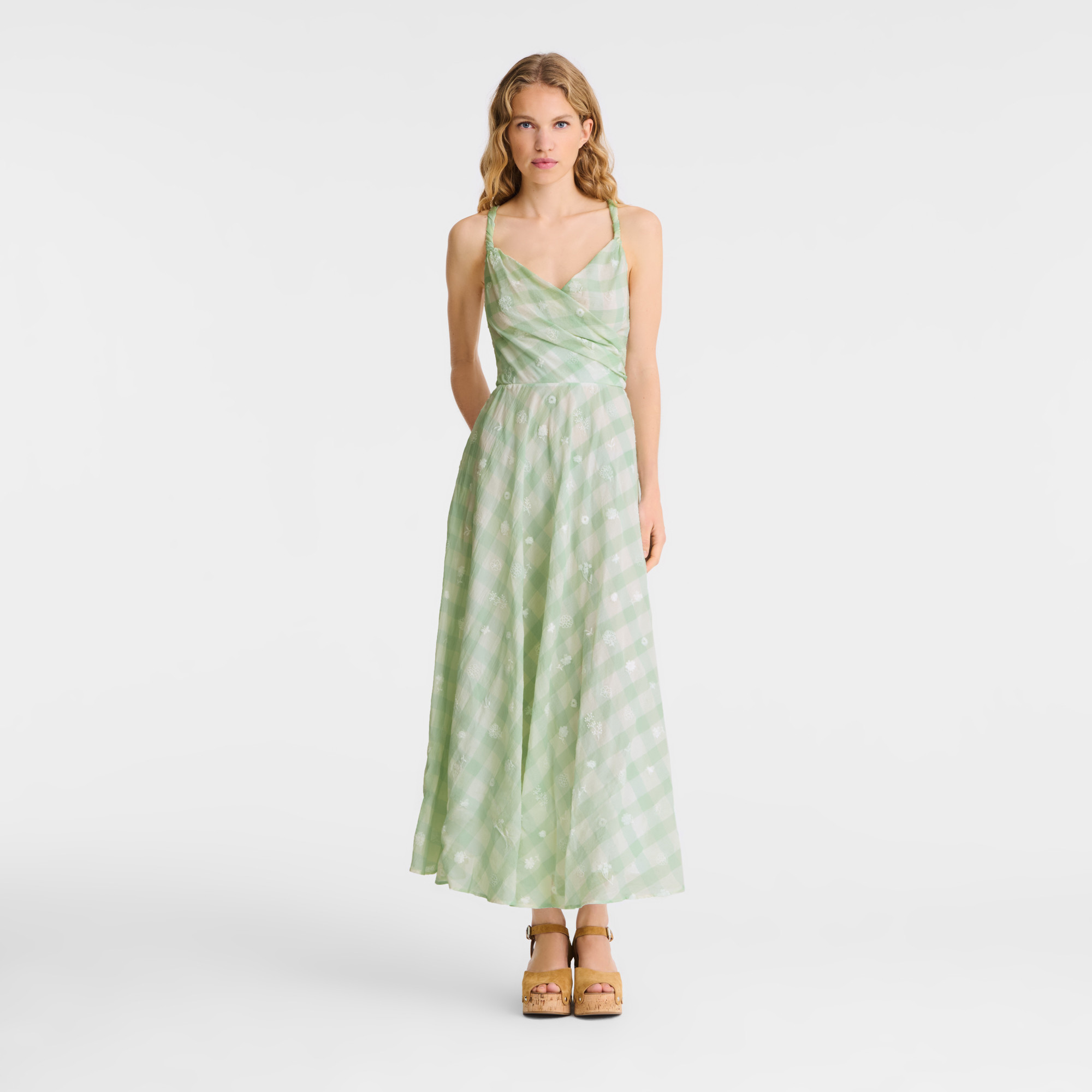 Long dress Aqua Green - Vichy jacquard embroidered | Longchamp US | Longchamp