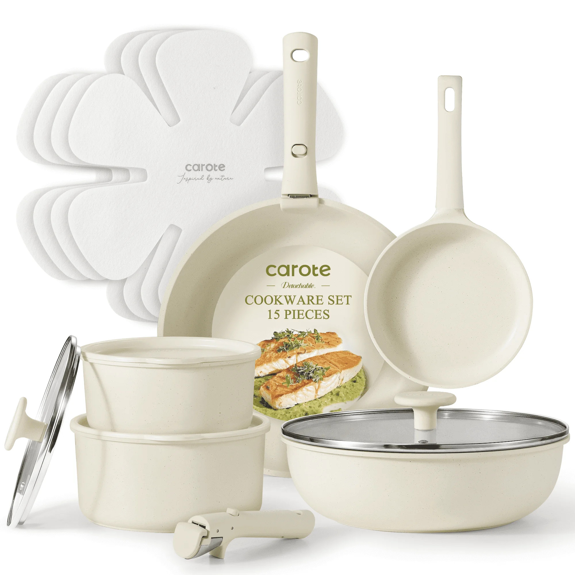 Carote Nonstick Cookware Sets, 15 Pcs Non Stick Pots and Pans Set with Removable Handle, White | Walmart (US)