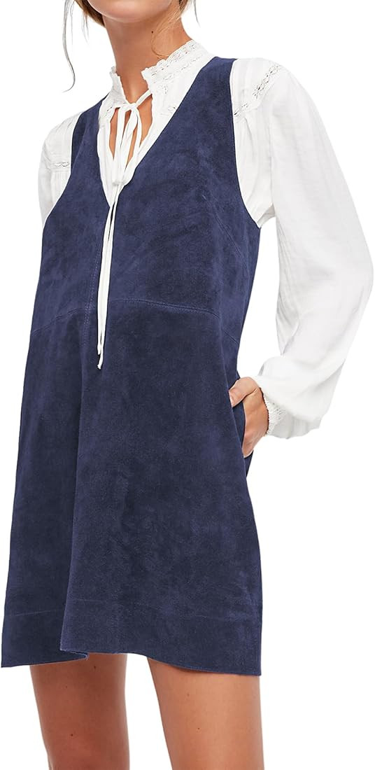 R.Vivimos Women's Fall Faux Suede Vintage V Neck Sleeveless Overall Dress with Pockets | Amazon (US)