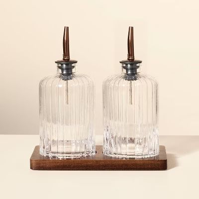 Oil & Vinegar Ribbed Glass Bottle Set with Wood Base - Hearth & Hand™ with Magnolia | Target