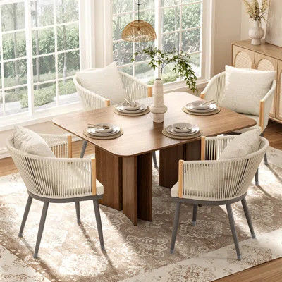 Dining Chairs, Curved Back Dining Room Chairs With Removable Cushions, Kitchen Chair With Boho Woven Rope Backrest, Outdoor Patio Dining Chairs | Wayfair North America
