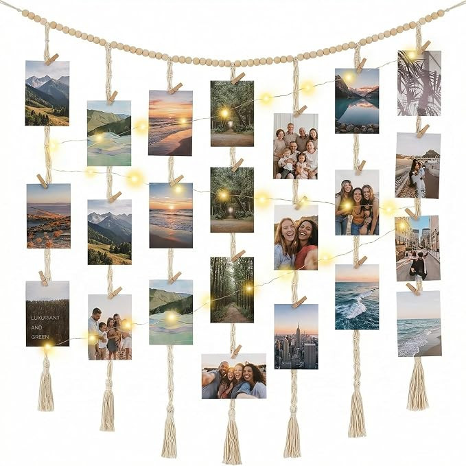Macrame Hanging Photo Display with String Lights, Boho Wall Decor with Wooden Beads Garland & Cli... | Amazon (US)