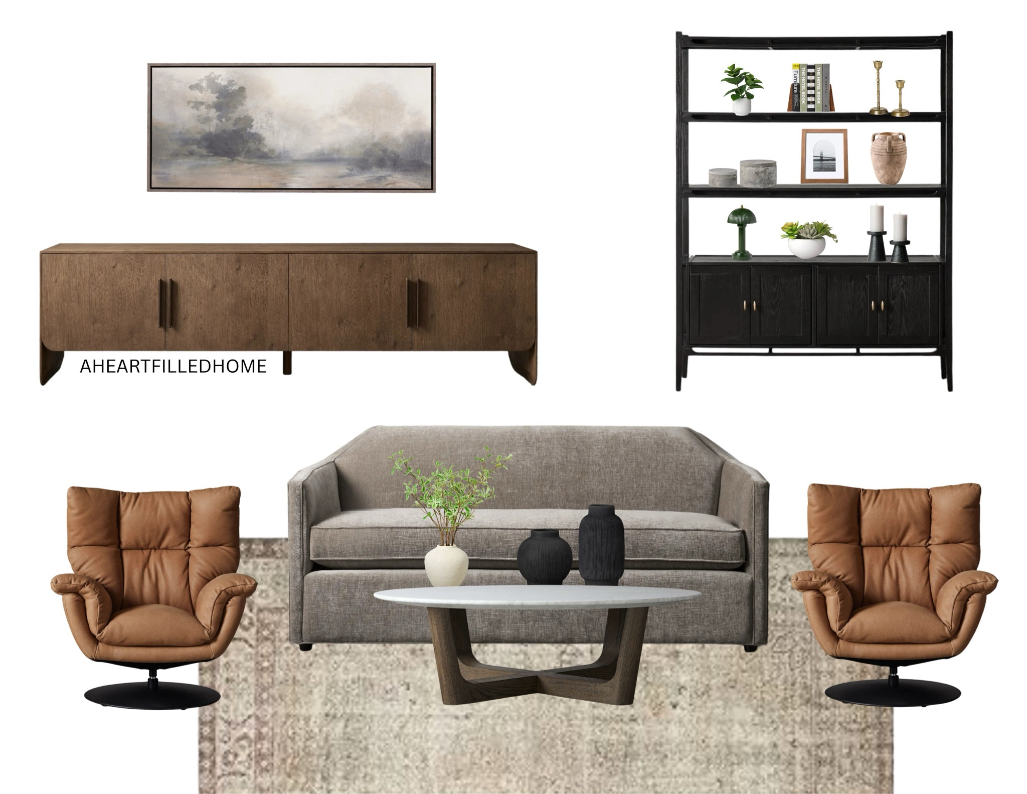 Living room design including a loveseat, leather chairs, area rug, coffee table, wall art, media console, bookshelf, and more!

#LTKFindsUnder50 #LTKFindsUnder100 #LTKHome