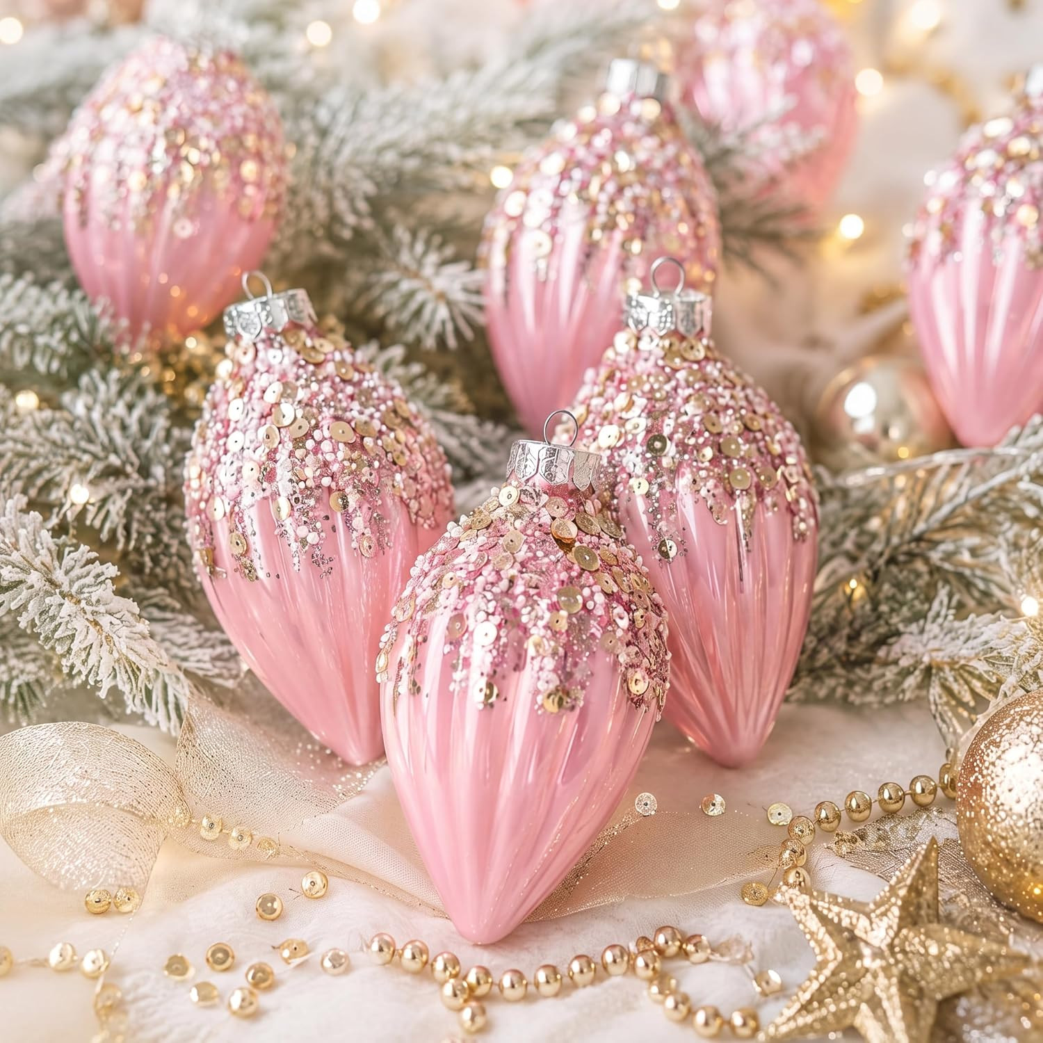 10 Pcs Pink Christmas Ornaments Glitter Christmas Ball with Sequin | Amazon (US)