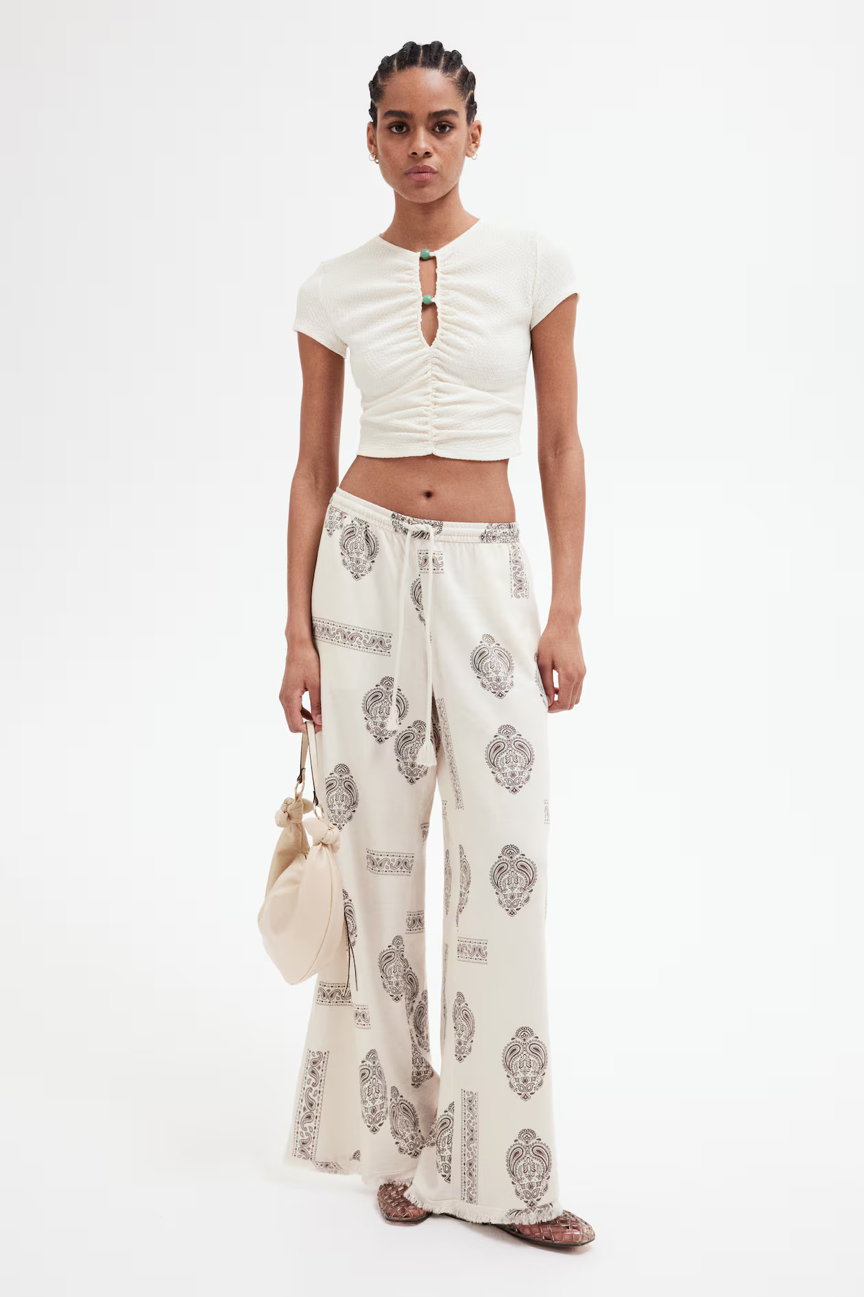 Linen-blend drawstring trousers - Light beige/Paisley-patterned - Ladies | H&M GB | H&M (UK, MY, IN, SG, PH, TW, HK)
