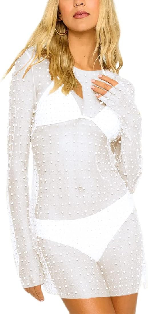 Naileksi Women Sheer Mesh Pearl Rhinestone Cover Up Dress Summer Sexy See Through Beach Swimwear ... | Amazon (US)