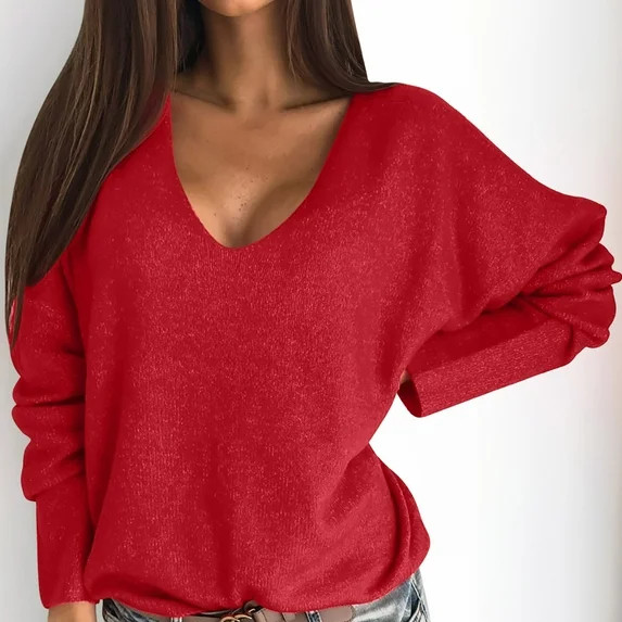 ALLLIST V Neck Sweater Women Pullover Long Sleeve Red Plain Raglan Sweaters Ladies | Walmart (US)